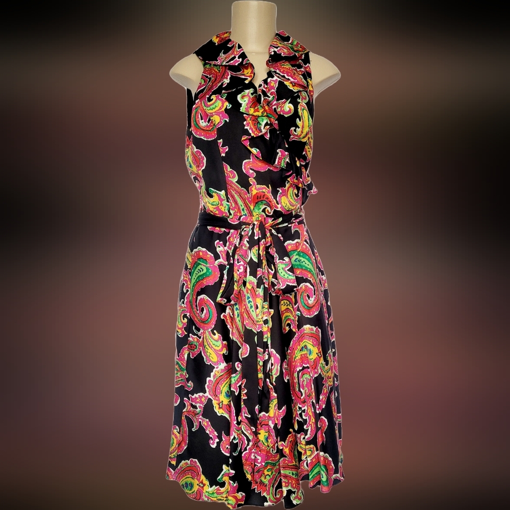 LAUREN Ralph Lauren Luxe 100% Silk Wrap Dress Multicolor Paisley 10 Medium